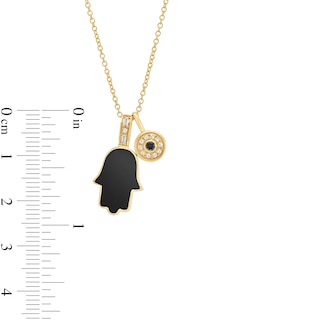 EFFY™ Collection Onyx and 0.085 CT. T.W. Diamond Hamsa and Evil Eye Double Charm Pendant in 14K Gold|Peoples Jewellers