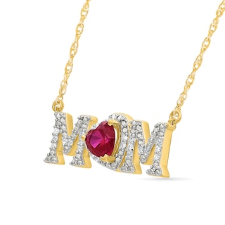 5.0mm Heart-Shaped Lab-Created Ruby and 0.10 CT. T.W. Diamond "MOM" Necklace in 10K Gold|Peoples Jewellers