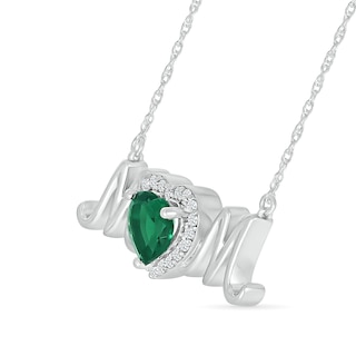 6.0mm Heart-Shaped Lab-Created Emerald and White Lab-Created Sapphire "MOM" Necklace in Sterling Silver|Peoples Jewellers