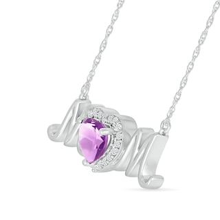 6.0mm Heart-Shaped Amethyst and White Lab-Created Sapphire "MOM" Necklace in Sterling Silver|Peoples Jewellers