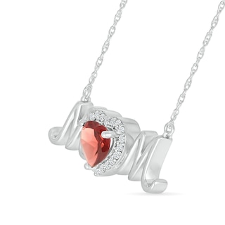 6.0mm Heart-Shaped Garnet and White Lab-Created Sapphire "MOM" Necklace in Sterling Silver|Peoples Jewellers