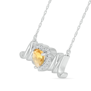 6.0mm Heart-Shaped Citrine and White Lab-Created Sapphire "MOM" Necklace in Sterling Silver|Peoples Jewellers