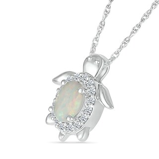 Oval Lab-Created Opal and White Lab-Created Sapphire Turtle Pendant in Sterling Silver|Peoples Jewellers