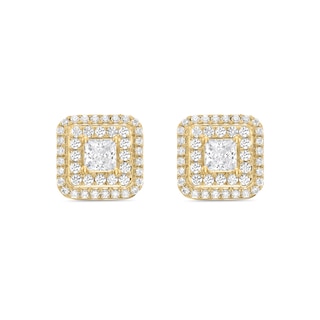 Princess-Cut Canadian Certified Centre Diamond 2.00 CT. T.W. Double Frame Stud Earrings in 10K Gold (I/I2)|Peoples Jewellers