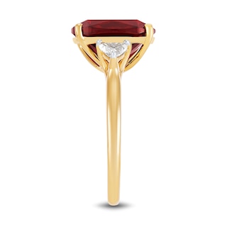 Cushion-Cut Lab-Created Ruby and 0.37 CT. T.W. Trillion-Cut Certified Lab-Created Diamond Three Stone Ring in 10K Gold|Peoples Jewellers