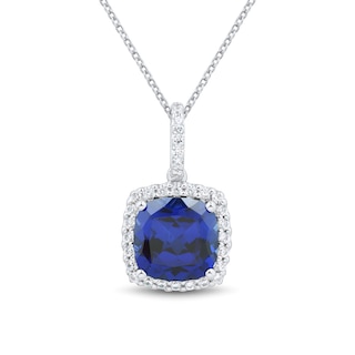 Cushion-Cut Blue Lab-Created Sapphire and 0.18 CT. T.W. Certified Lab-Created Diamond Frame Pendant in 10K White Gold|Peoples Jewellers