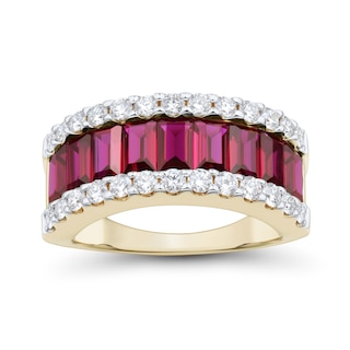 Baguette Lab-Created Ruby and 0.69 CT. T.W. Certified Lab-Created Diamond Edge Ring in 10K Gold (I/SI2)|Peoples Jewellers