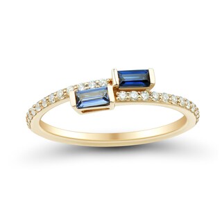 Baguette Blue Lab-Created Sapphire and 0.18 CT. T.W. Certified Lab-Created Diamond Bypass Ring in 10K Gold (F/SI2)|Peoples Jewellers