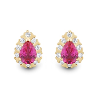 Pear-Shaped Lab-Created Ruby and 0.37 CT. T.W. Certified Lab-Created Diamond Frame Stud Earrings in 10K Gold (F/SI2)|Peoples Jewellers