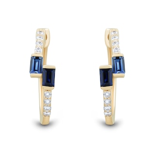 Baguette Blue Lab-Created Sapphire and 0.085 CT. T.W. Certified Lab-Created Diamond Bypass Hoop Earrings in 10K Gold|Peoples Jewellers