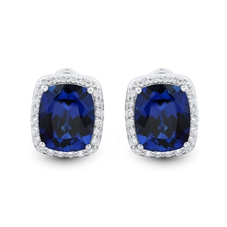 Cushion-Cut Blue Lab-Created Sapphire and 0.45 CT. T.W. Certified Lab-Created Diamond Frame Earrings in 10K White Gold|Peoples Jewellers