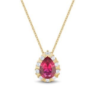 Pear-Shaped Lab-Created Ruby and 0.23 CT. T.W. Certified Lab-Created Diamond Frame Pendant in 10K Gold (F/SI2)|Peoples Jewellers