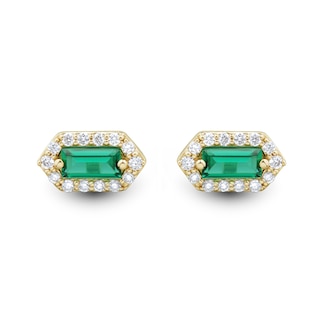 Baguette-Cut Lab-Created Emerald and 0.115 CT. T.W. Certified Lab-Created Diamond Hexagon Frame Stud Earrings in 10K Gold|Peoples Jewellers