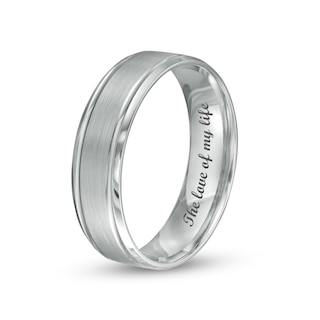 Men's 6.0mm Brushed Bevelled Edge Engravable Wedding Band in Platinum (1 Line)|Peoples Jewellers