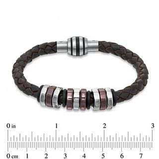 Previously Owned - Men's Brown Braided Leather and Two-Tone Stainless Steel Disc Bead Bracelet - 8.75"|Peoples Jewellers