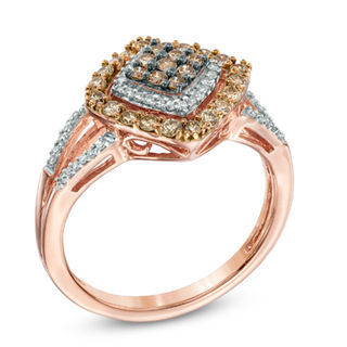 Previously Owned - 0.50 CT. T.W. Champagne and White Diamond Tilted Square Frame Ring in 10K Rose Gold|Peoples Jewellers