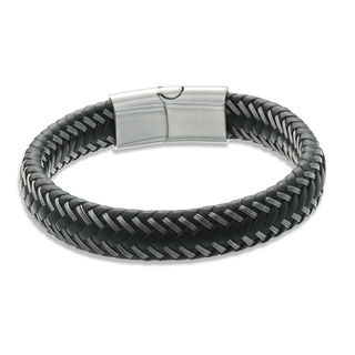 Previously Owned - Men's 12.0mm Black Braided Leather Bracelet in Stainless Steel - 8.5"|Peoples Jewellers