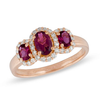 Previously Owned - Oval Rubellite and 0.23 CT. T.W. Diamond Three Stone Ring in 10K Rose Gold|Peoples Jewellers