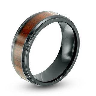 Previously Owned - Men's 8.0mm Carbon Fibre Wood Grain Inlay Wedding Band in Black IP Stainless Steel|Peoples Jewellers