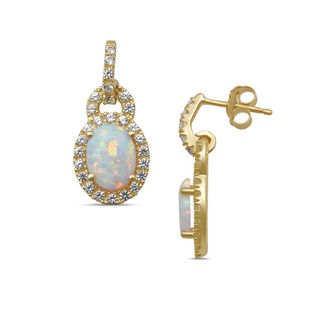 Previously Owned - Oval Lab-Created Opal and White Sapphire Frame Drop Earrings in 10K Gold|Peoples Jewellers