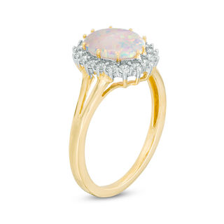 Previously Owned - Oval Lab-Created Opal and White Sapphire Frame Split Shank Ring in 10K Gold|Peoples Jewellers