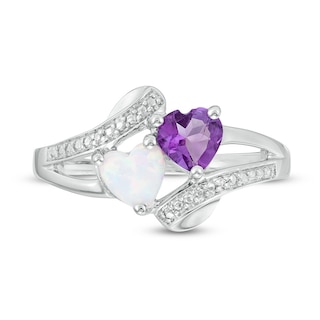 Previously Owned - Heart-Shaped Amethyst, Lab-Created Opal and Diamond Accent Two Stone Ring in Sterling Silver|Peoples Jewellers