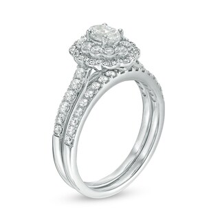 Previously Owned - 1.00 CT. T.W. Oval Diamond Double Scallop Frame Bridal Set in 14K White Gold|Peoples Jewellers