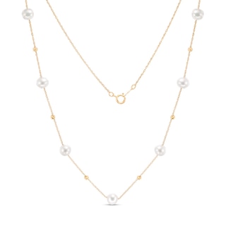 Previously Owned-IMPERIAL® 6.0-6.5mm Freshwater Cultured Pearl and Diamond-Cut Bead Station Necklace in 14K Gold|Peoples Jewellers