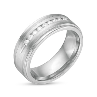 Previously Owned - Men's 0.24 CT. T.W. Diamond Stepped Edge Comfort-Fit Wedding Band in Stainless Steel and Tungsten|Peoples Jewellers