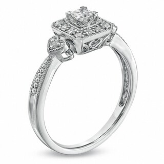 Previously Owned - 0.33 CT. T.W. Princess-Cut Diamond Framed Milgrain Engagement Ring in 14K White Gold|Peoples Jewellers