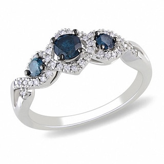 Previously Owned - 0.50 CT. T.W. Enhanced Blue and White Diamond Frame Three Stone Ring in 14K White Gold|Peoples Jewellers