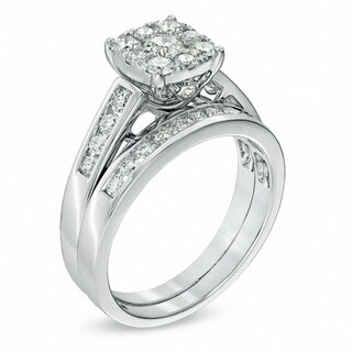Previously Owned - 0.95 CT. T.W. Diamond Square Cluster Bridal Set in 14K White Gold|Peoples Jewellers