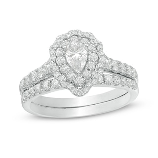 Previously Owned - 1.00 CT. T.W. Pear-Shaped Diamond Scallop Frame Bridal Set in 14K White Gold|Peoples Jewellers