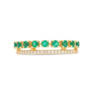 Previously Owned - Lab-Created Emerald and White Lab-Created Sapphire Split Double Row Ring in 10K Gold|Peoples Jewellers