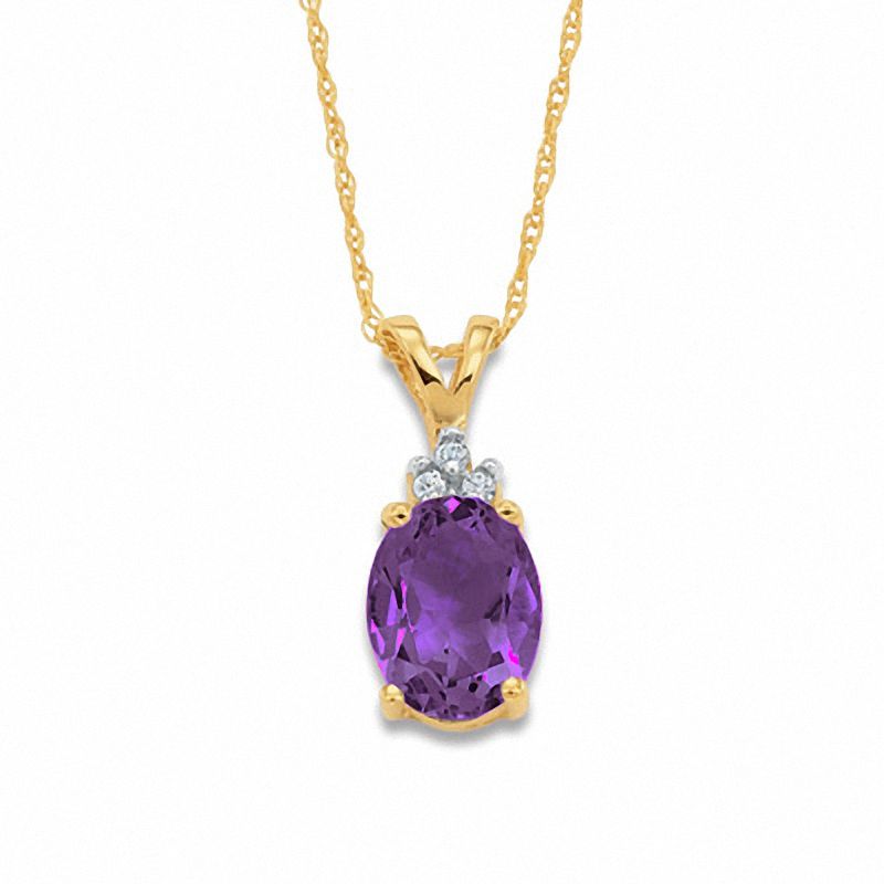 Oval Amethyst Pendant in 10K Gold with Tri-Top Diamond Accents