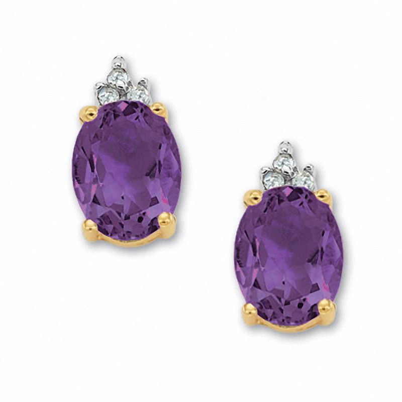 Oval Amethyst Earrings in 10K Gold with Tri-Top Diamond Accents