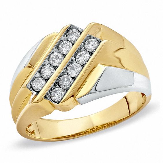 Men's 0.50 CT. T.W. Diamond Double Row Slant Ring in 10K Two-Tone Gold