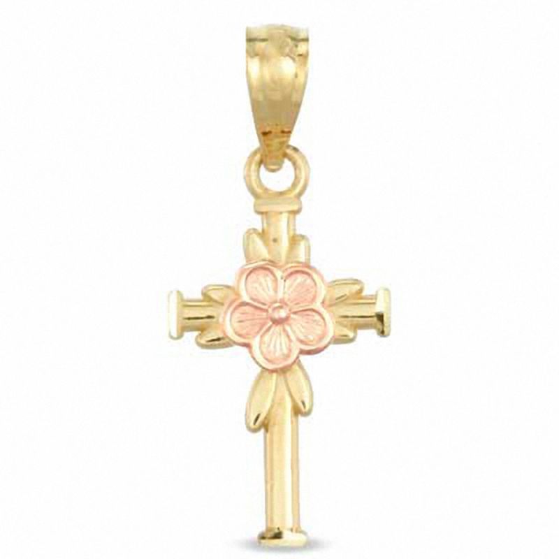 10K Two-Tone Gold Diamond-Cut Cross with Flower Charm