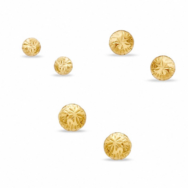 14K Gold Three-Piece Diamond-Cut Ball Stud Earrings Set