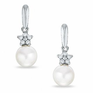 5.5-6.0mm Freshwater Cultured Pearl and Diamond Accent Drop Earrings in 10K White Gold