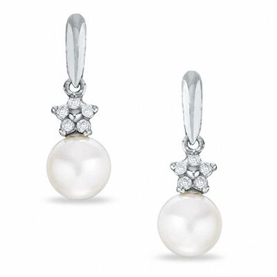 5.5-6.0mm Freshwater Cultured Pearl and Diamond Accent Drop Earrings in 10K White Gold