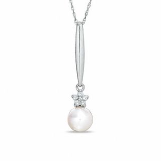 6.5-7.0mm Freshwater Cultured Pearl and Diamond Accent Stick Pendant in 10K White Gold