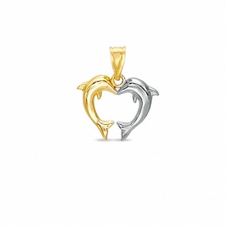 10K Two-Tone Gold Kissing Dolphins Heart Charm