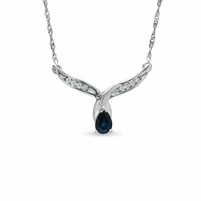 Pear-Shaped Blue Sapphire and Diamond Accent Wing Pendant in 10K White Gold - 16"