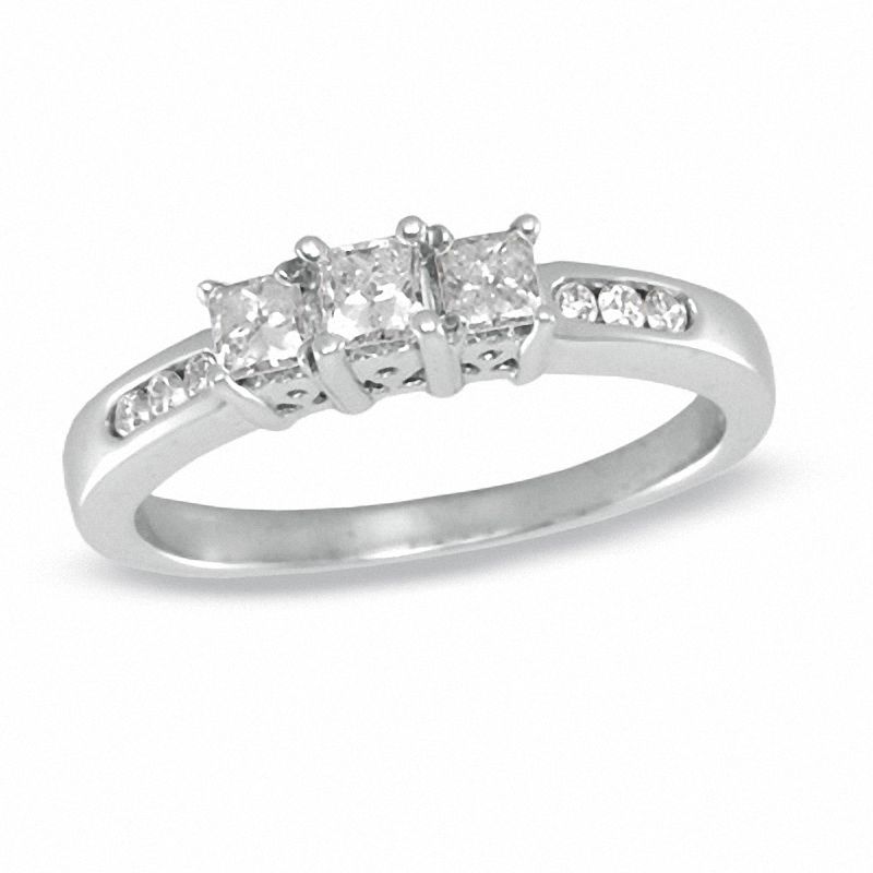 Main Image 1 of 0.50 CT. T.W. Princess-Cut Diamond Three Stone Past Present Future Ring in 14K White Gold