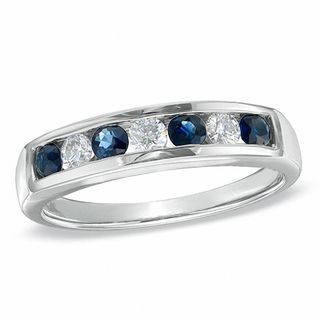 Blue Sapphire and 0.23 CT. T.W. Diamond Channel Band in 10K White Gold