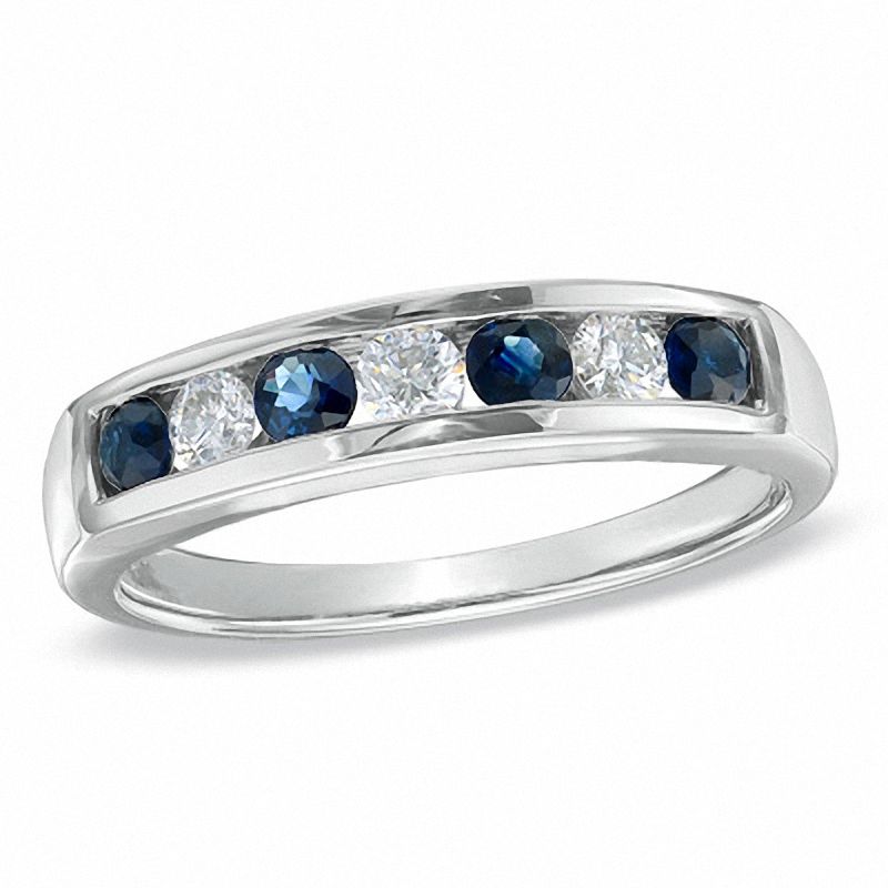 Blue Sapphire and 0.23 CT. T.W. Diamond Channel Band in 10K White Gold|Peoples Jewellers