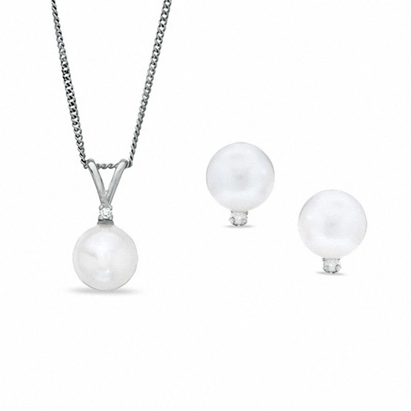 6.5-7.0mm Akoya Cultured Pearl and Diamond Accent and Earring Set in 14K White Gold