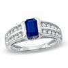 Thumbnail Image 1 of Emerald-Cut Blue Sapphire and 0.15 CT. T.W. Diamond &quot;U&quot; Ring in 14K White Gold