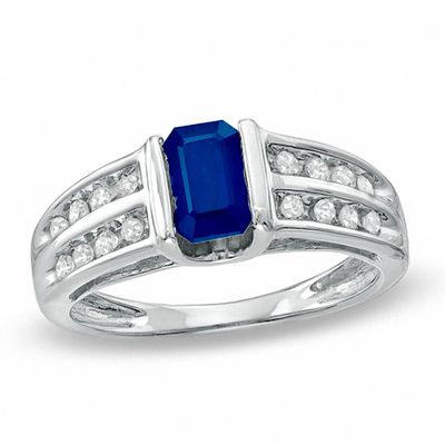 Emerald-Cut Blue Sapphire and 0.15 CT. T.W. Diamond "U" Ring in 14K White Gold